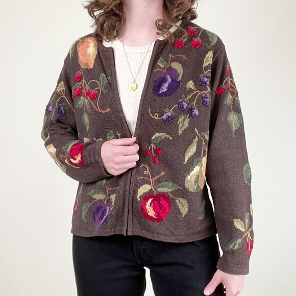Vintage Novelty Knit Fruit Cardigan Sweater Silk Cotton Whimsical Cottagecore - Picture 6 of 14